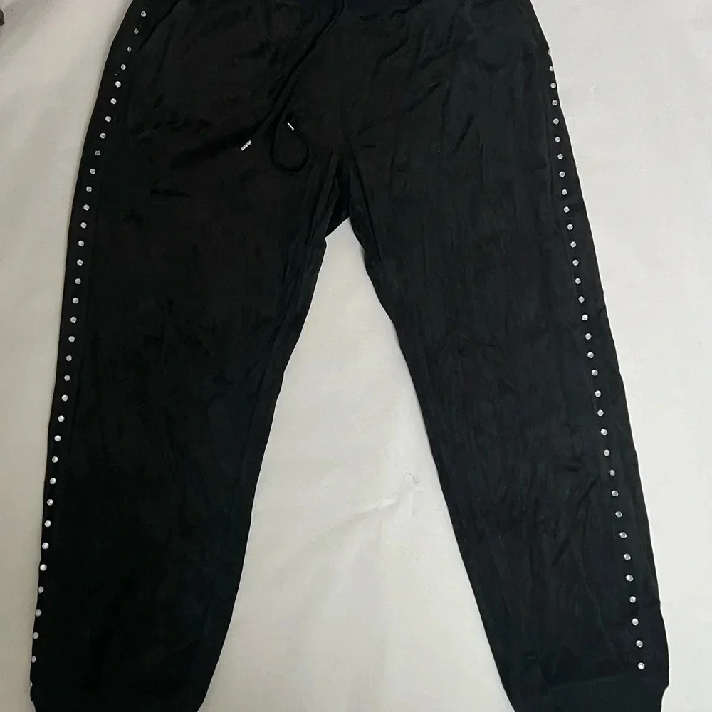 Michael Kors rhinestone black velvet velour Cotton pants joggers XXL pull on